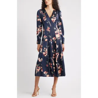 Chelsea28 Long Sleeve Satin Midi Dress in Navy- Pink Morning Flower at Nordstrom Rack, Size Medium
