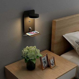 OEM Aplique Led De Pared Para Interior Con Interruptor Y Puerto Usb, 12 W, Regulable, Tricolor, Para Mesita De Noche, Ajustable, 330 &deg;, Con Bandeja, Para 
