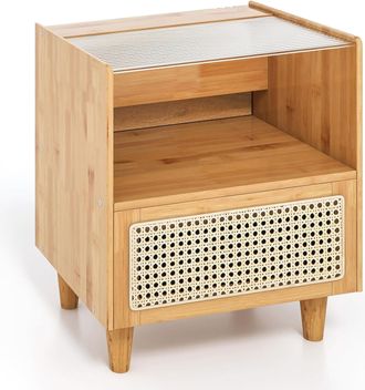 Costway Costway - Mesita De Noche De Rat&aacute;n, 2 Estantes Y 1 Caj&oacute;n, Mesa Auxiliar Boho Con Caj&oacute;n Y Patas De Madera Maciza, Mesitas De Noche Dormitorio, 43 X 35 
