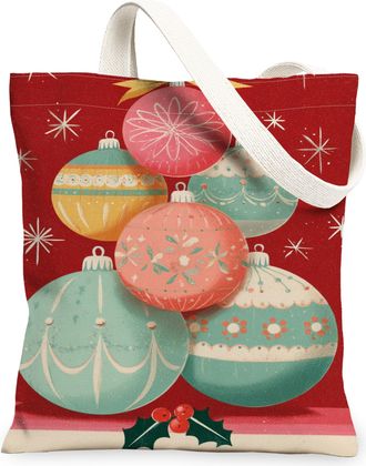 Generic Festive Vintage Ornaments Canvas Tote Bags, Holiday Decorative Pattern Reusable Shopping Bags, Lightweight Washable Shoulder Strap Canvas for Travel O
