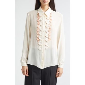 Marni Ruffle Appliqu&eacute; Silk Cr&ecirc;pe de Chine Button-Up Shirt in Brown/Antique White at Nordstrom, Size 10 Us