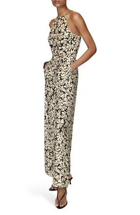Mango Print Belted Sleeveless Jumpsuit in Black at Nordstrom, Size X-Small