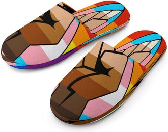 Generic LGBT Gay Trans BLM Fist Flag Mens Cotton Slippers Memory Foam Comfort House Shoes Winter Indoor Slipper for Hotel Casa Spa