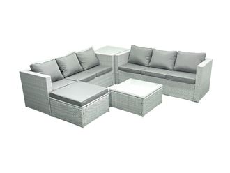 Fimous Rattan Garden Outdoor Furniture Set 7 Seater Rattan Garden Sofa Set with Big Footstool Side Table Light Grey Mixed