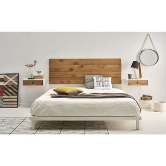 HOGAR 24 Cabecero Madera Natural + 2 Mesitas Flotantes Color Blanco / Frente Cajon Madera Maciza Natural