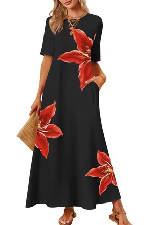 Merokeety Summer Maxi Dresses for Women 2026 Vacation Spring Casual Short Sleeve Basic Long T Shirt Dress Pockets, Blackfloral, XL