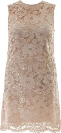 Twinset Korte Mouwloze Jurk met Kant en Pailletten - Dames - Feestkleedjes - Beige - M - Pailletten - Kleedjes