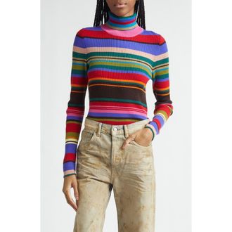 Acne Studios Stripe Rib Wool Turtleneck Sweater in Red/Purple at Nordstrom, Size Xx-Small