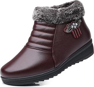 Generic Womens Non-Slip Warm Zipper Snow Boots, Side Zipper Comfortable Soft Sole Non-Slip Short Shoes, Sparkling Rhinestones Outdoor Walking Booties (Burgund
