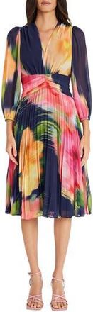 Maggy London Floral Pleated Dress in Nav/yellow at Nordstrom Rack, Size 18W (Similar To 16W)