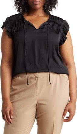 Daniel Rainn Satin Ruffle Split Neck Top in Black at Nordstrom Rack, Size 1X
