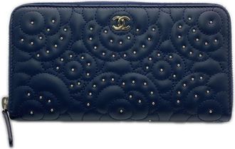 Chanel Camellia Navy Leather Long Wallet (Bi-Fold) (Pre-Owned)