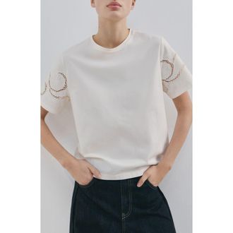 Mango Openwork Embroidered Cotton T-Shirt in Ecru at Nordstrom, Size Small