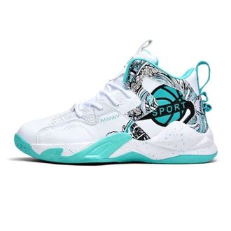 Generic Mens High Top Basketball Shoes with Cushioned Rebounding Durable Leather for Youth Sports Training Boots Walking Shoes(White Green,4.5 UK)