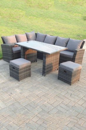 Fimous High Back Rattan Corner Sofa Dining Set Table With Stools 8 Seater in Dark Grey