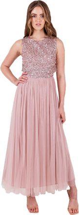 Maya Midaxi Dress for Women Ladies Sleeveless Sequins High Empire Waist Tulle Embellished for Wedding Guest Bridesmaid Prom Ball Frosted Pink Size 18