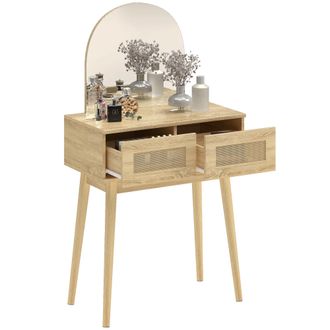 HOMCOM Homcom Tocador Con Espejo Arqueado, Mesa De Maquillaje Con 2 Cajones Con Frontal De Rat&aacute;n, Tocador De Maquillaje Para Espacios Peque&ntilde;os, Natural
