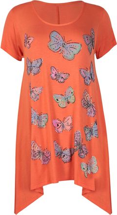 Purple Hanger Womens Butterfly Print Ladies Stretch Uneven Hanky Hem Round Scoop Neckline Bead Glitter Long T-Shirt Top Plus Size Orange 26-28