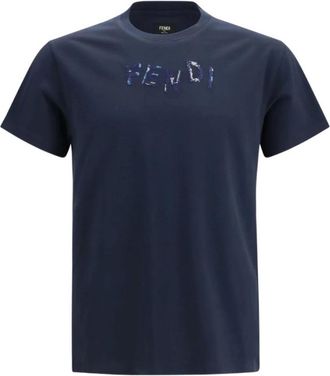 Fendi Tops, Heren, Blauw, XL, Katoen, Geborduurd T-shirt