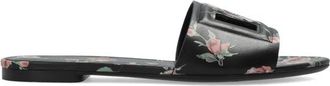 Dolce & Gabbana Schoenen, Dames, Zwart, 37 1/2 EU, Leer, Platte Slippers van Kalfsleer met Rozenprint