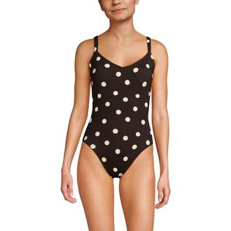 Lands End V-Neck High Leg Strappy Back One Piece in Rich Seal Brown Polka Dot at Nordstrom, Size 18