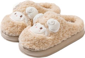 Generic Cow Print Slippers For Women, Unsex Cute Cartoon Cows Sheep Soft Fluffy Plush Warm Lightweight Winter Shoes (Beige, A, Adult, Women, 5, Numeric Range,