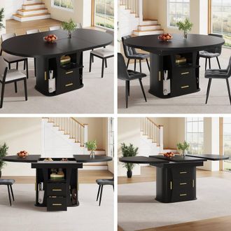 Merax Extendable Round Dining Table with 2 Drawers & Sliding Doors in Black