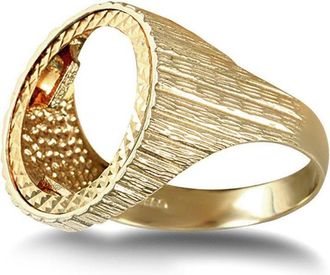 Jewelco London 9ct Gold Ribbed Barked 10th Oz Kruger Brittania Coin Mount Ring - JRN183-T