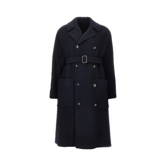 Emporio Armani Wollen double-breasted jas met ceintuur - Dames - Mantels - Blauw - Maat: 2XL Wol