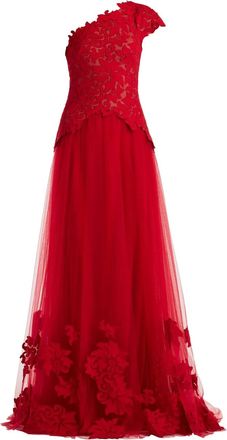 Tadashi Shoji Abito lungo monospalla a fiori - Rosso