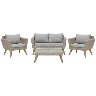 Beliani Set Esterno Rattan Marrone Divanetto 2 Poltrone Tavolino Cuscini Grigi Vittoria