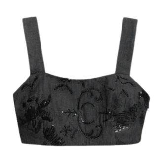 Weili Zheng Sleeveless Tops, female, Black, Size: L Top a fascia con spalline in denim ricamato