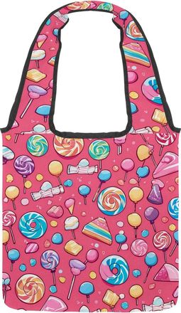 Generic Pink Candy Pattern Reversible Canvas Shoulder Tote - Double-Sided Print, 12oz Cotton, 27cm Drop, Fold-Flat Bag for Travel, Shopping, Street Outings