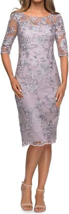 La Femme Sheer Neckline And Sleeves Floral Lace Sheath Knee-Length Dress In Lavender/gray