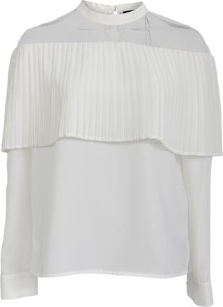 Maje Pleated Mesh Accent Long Sleeve Blouse in White Polyester