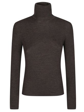 P.A.R.O.S.H. Brown Long Turtle Neck Fitted Wool Turtleneck