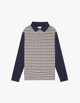 Aquascutum Mens Aquascutum Active Iconic Front Club Check Long-Sleeve Polo - Multi - Size: 42