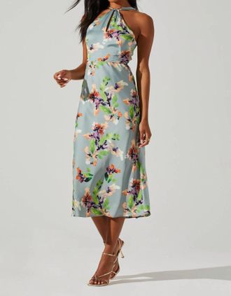 Astr Sandrine Halter Midi Dress In Sage Orange Floral