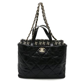 Chanel Black Ivory Leather Tweed Shoulder Bag Tote Bag (Pre-Owned)