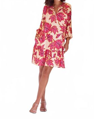 Tribal 3/4 Sleeve Button Front Placket Dress In Pinkglow-2326