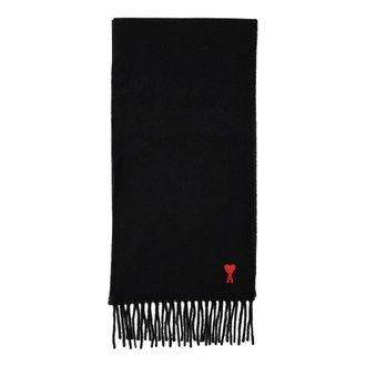 Ami Winter Scarves, female, Black, Size: ONE SIZE Black Wool Knitted Scarf with Fringe