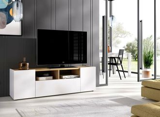 Dmora Dmora - Mueble Tv Dcotal, Aparador Bajo Para Sal&oacute;n, Aparador Tv Para Sal&oacute;n, 142x35h44 Cm, Blanco Y Roble Nodi