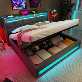 Matteo Upholstered Double Bed with LED Lighting USB Type-C Charging Function in Grey