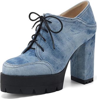 Generic Womens High Heeled Platform Pumps Lace Up Office Dress Shoes Round Toe PU Leather Casual Shoes,Blue,3.5 UK