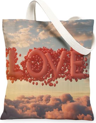 Generic Love Heart Canvas Tote Bags, Romantic Balloon Design Reusable Grocery Bags, Spring Floral Lightweight Washable Shoulder Strap Tote for Travel Beach Pi