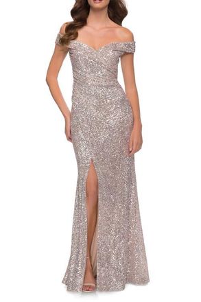 La Femme Off the Shoulder Ruched Sequin Dress with Slit in Silver at Nordstrom, Size 10