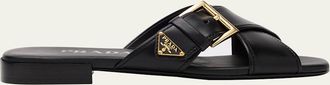 Prada Triangle Logo Buckle Leather Slide Sandals