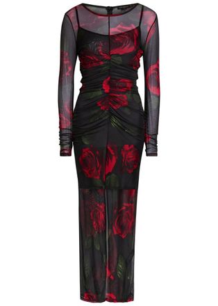 Good American Floral-print Ruched Mesh Maxi Dress - Dark Red - S (UK8-10 / S)