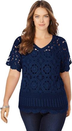 Roaman's Plus Size Medallion Pattern French Crochet Sweater Top in Navy at Nordstrom, Size Medium