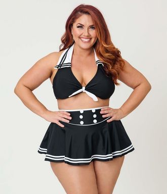 Unique Vintage Plus Size Collared Halter Faux Tie Front Swim Top in Black W/white Accents at Nordstrom, Size 1X